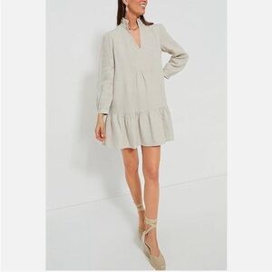 Tuckernuck Linen Light Beige Ruffle Hem Long Sleeve Dress